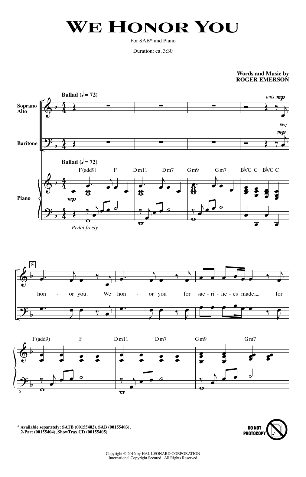 Roger Emerson We Honor You sheet music notes and chords arranged for 2-Part Choir