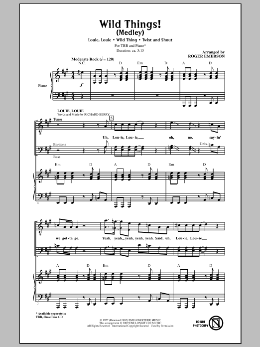 Roger Emerson Wild Things! (Medley) sheet music notes and chords arranged for TBB Choir