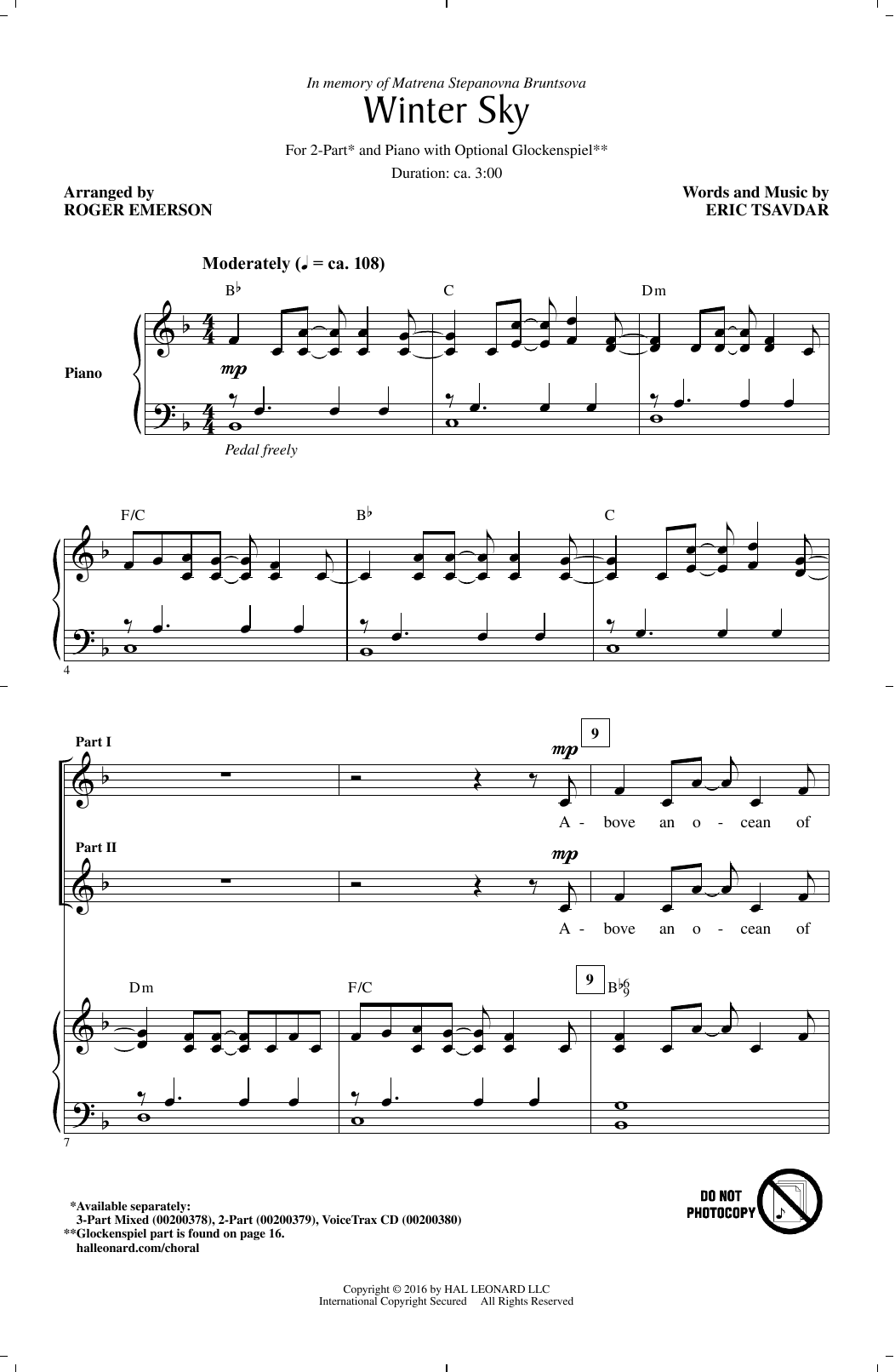 Roger Emerson Winter Sky sheet music notes and chords arranged for 3-Part Mixed Choir