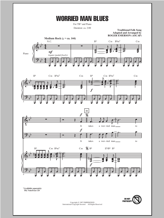 Roger Emerson Worried Man Blues sheet music notes and chords arranged for TB Choir