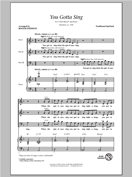 Roger Emerson You Gotta Sing sheet music notes and chords arranged for 3-Part Mixed Choir