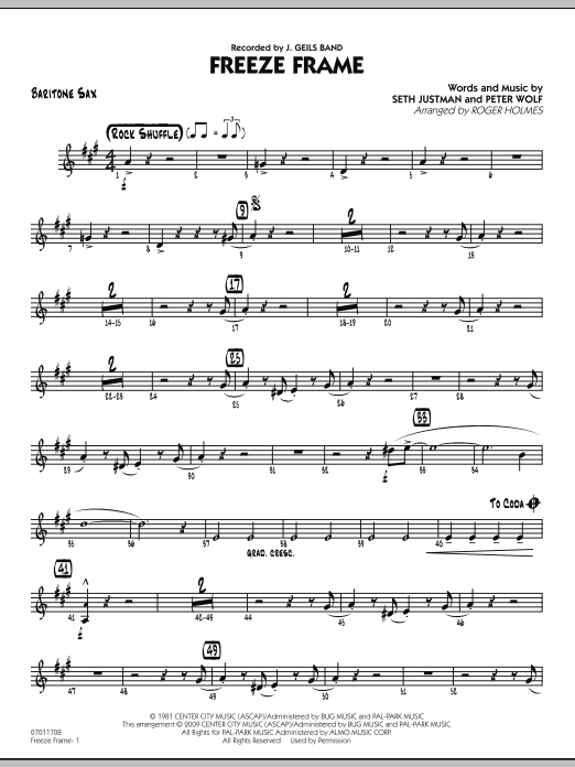 Roger Holmes Freeze Frame - Baritone Sax sheet music notes and chords arranged for Jazz Ensemble