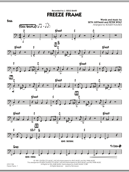 Roger Holmes Freeze Frame - Bass sheet music notes and chords arranged for Jazz Ensemble
