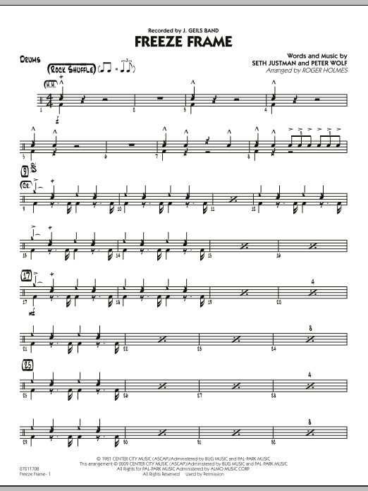 Roger Holmes Freeze Frame - Drums sheet music notes and chords arranged for Jazz Ensemble