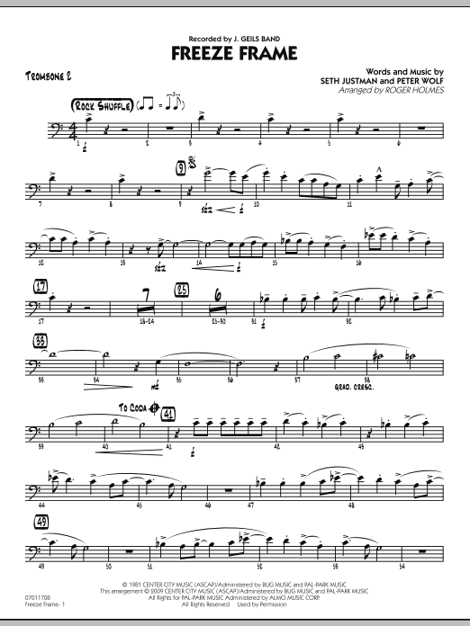Roger Holmes Freeze Frame - Trombone 2 sheet music notes and chords arranged for Jazz Ensemble