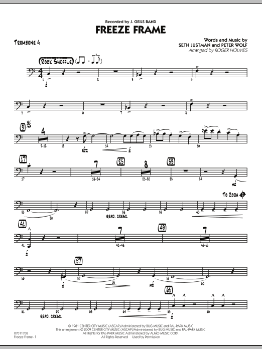 Roger Holmes Freeze Frame - Trombone 4 sheet music notes and chords arranged for Jazz Ensemble