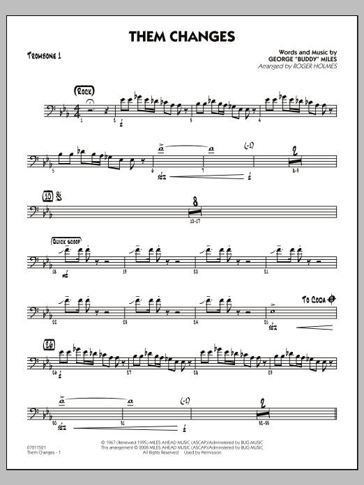 Roger Holmes Them Changes - Trombone 1 sheet music notes and chords arranged for Jazz Ensemble