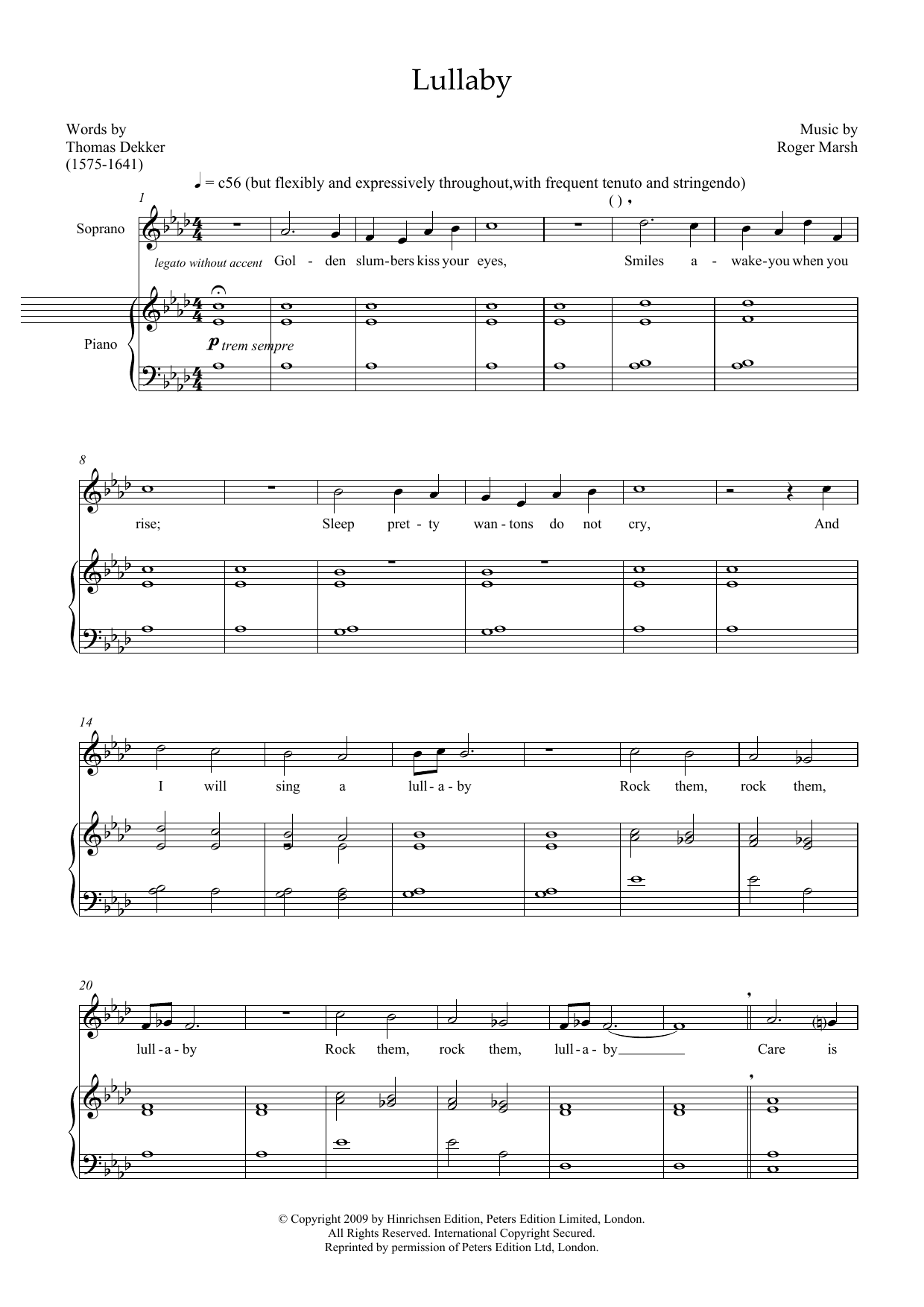 Roger Marsh Lullaby (for soprano and marimba) sheet music notes and chords arranged for Piano & Vocal