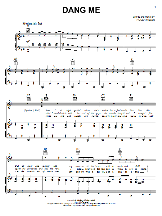 Roger Miller Dang Me sheet music notes and chords arranged for Easy Guitar Tab