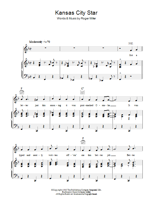 Roger Miller Kansas City Star sheet music notes and chords arranged for Piano, Vocal & Guitar Chords