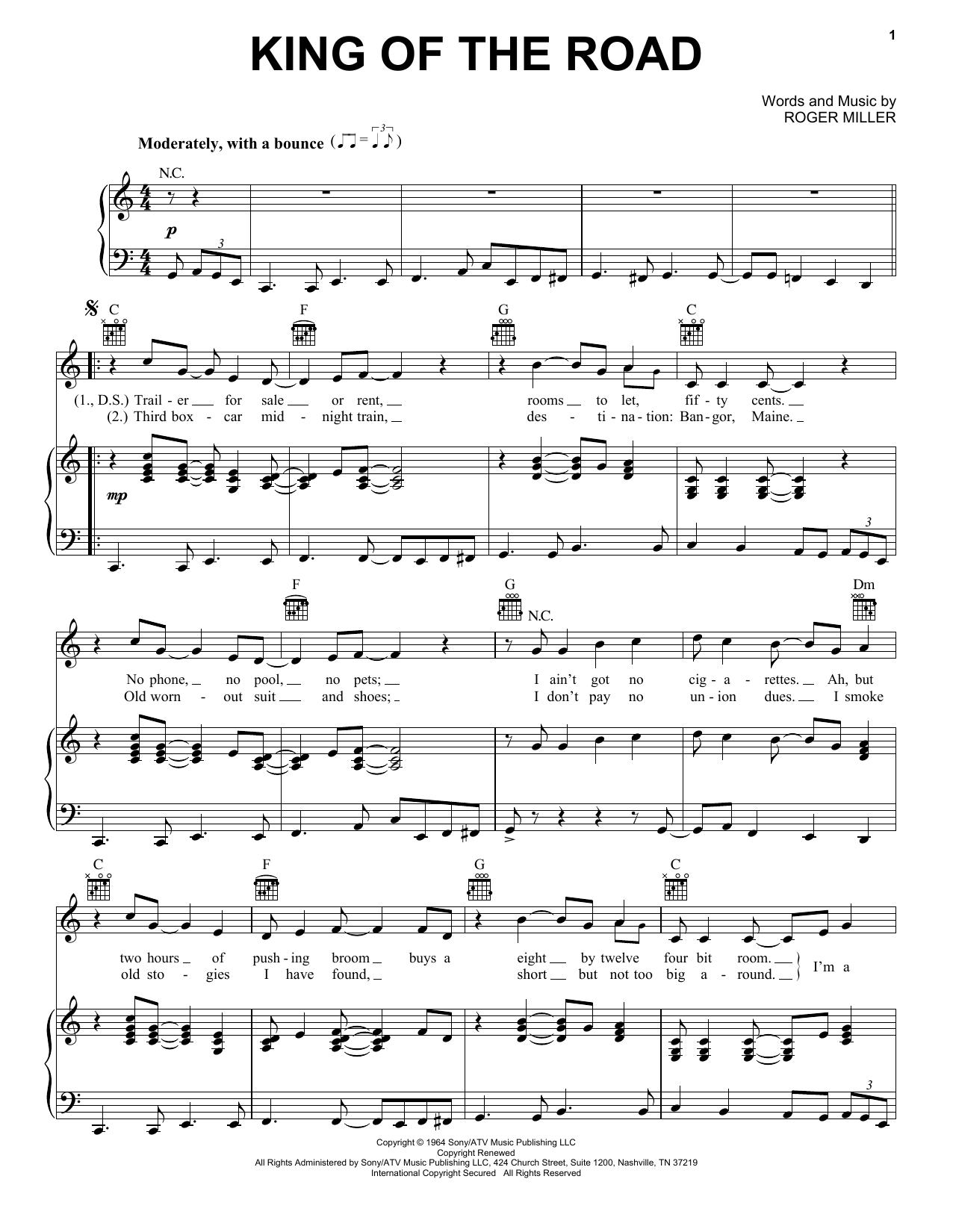 Roger Miller King Of The Road sheet music notes and chords arranged for Piano, Vocal & Guitar Chords (Right-Hand Melody)