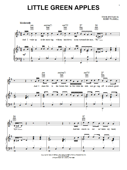 Roger Miller Little Green Apples sheet music notes and chords arranged for Ukulele