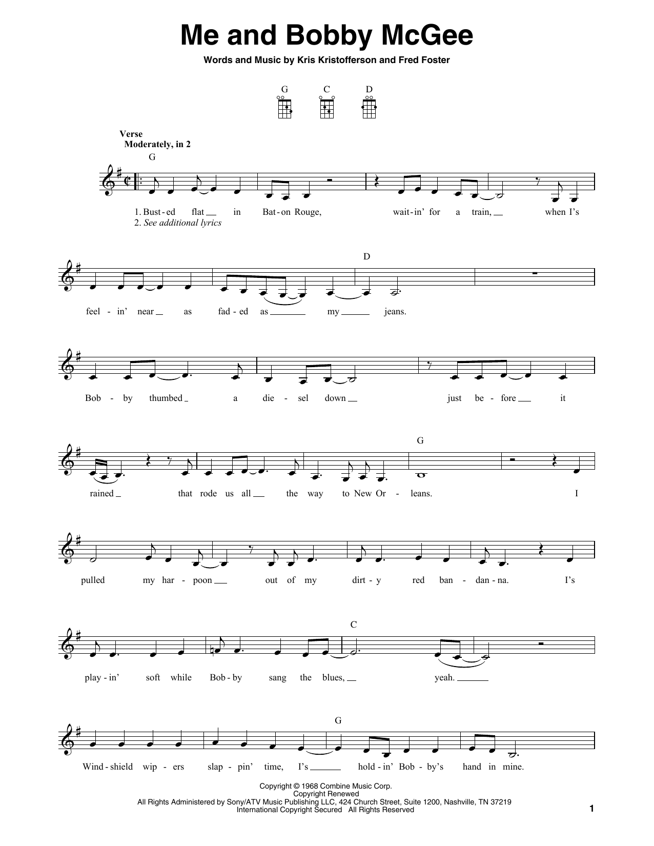 Roger Miller Me And Bobby McGee sheet music notes and chords arranged for Mandolin