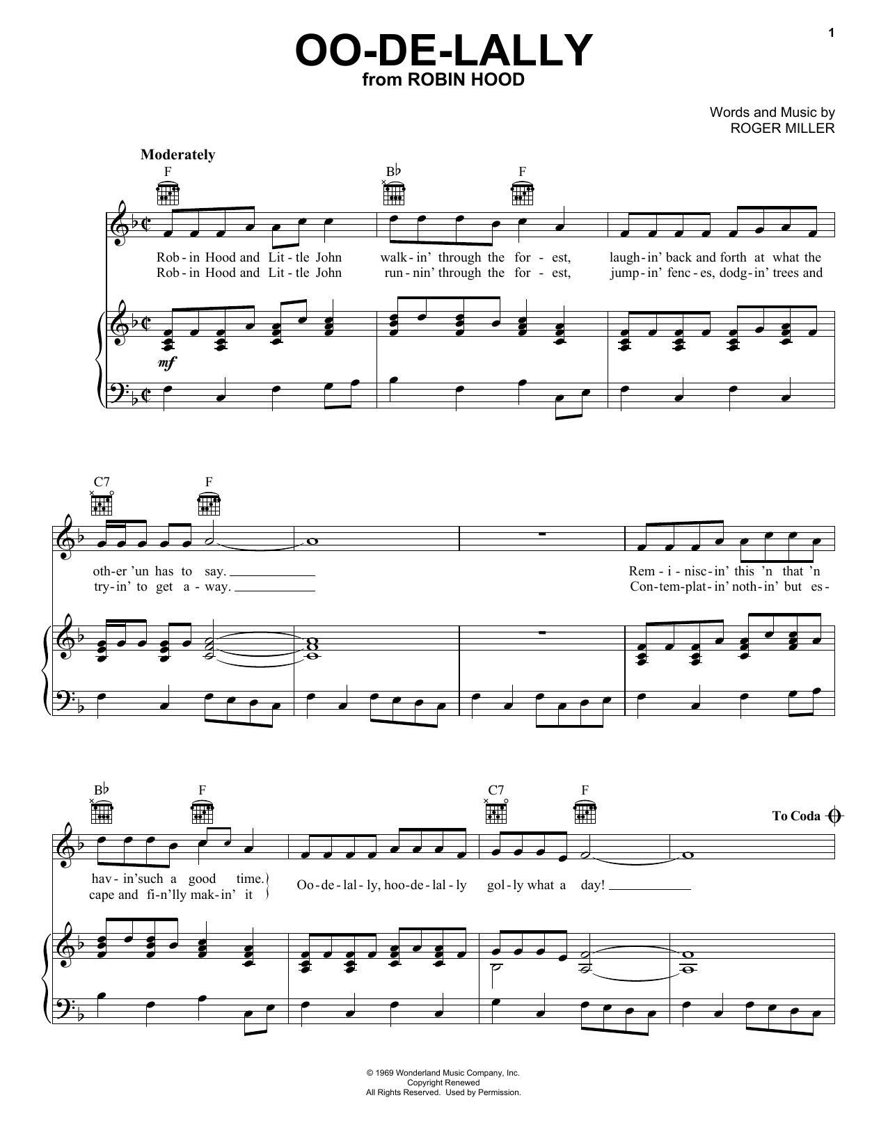 Roger Miller Oo-De-Lally (from Robin Hood) sheet music notes and chords arranged for Piano, Vocal & Guitar Chords (Right-Hand Melody)