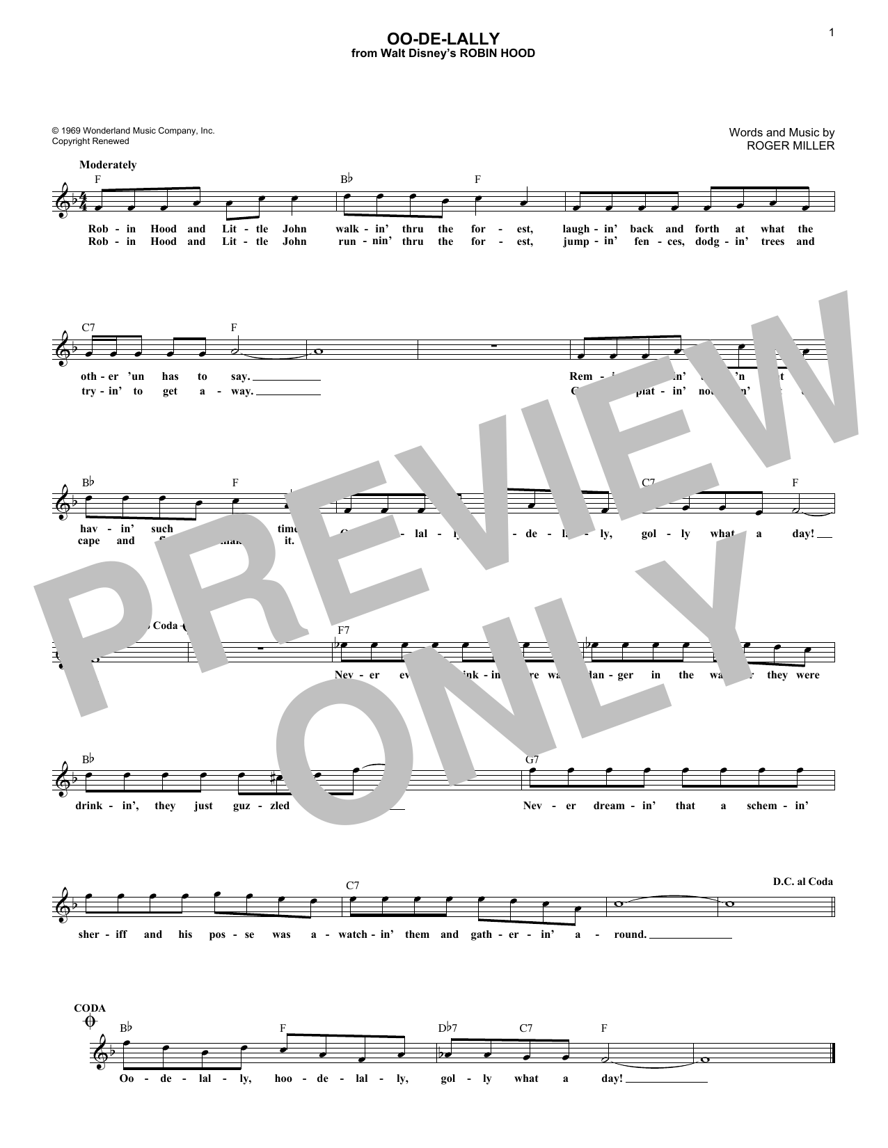 Roger Miller Oo-De-Lally sheet music notes and chords arranged for Lead Sheet / Fake Book