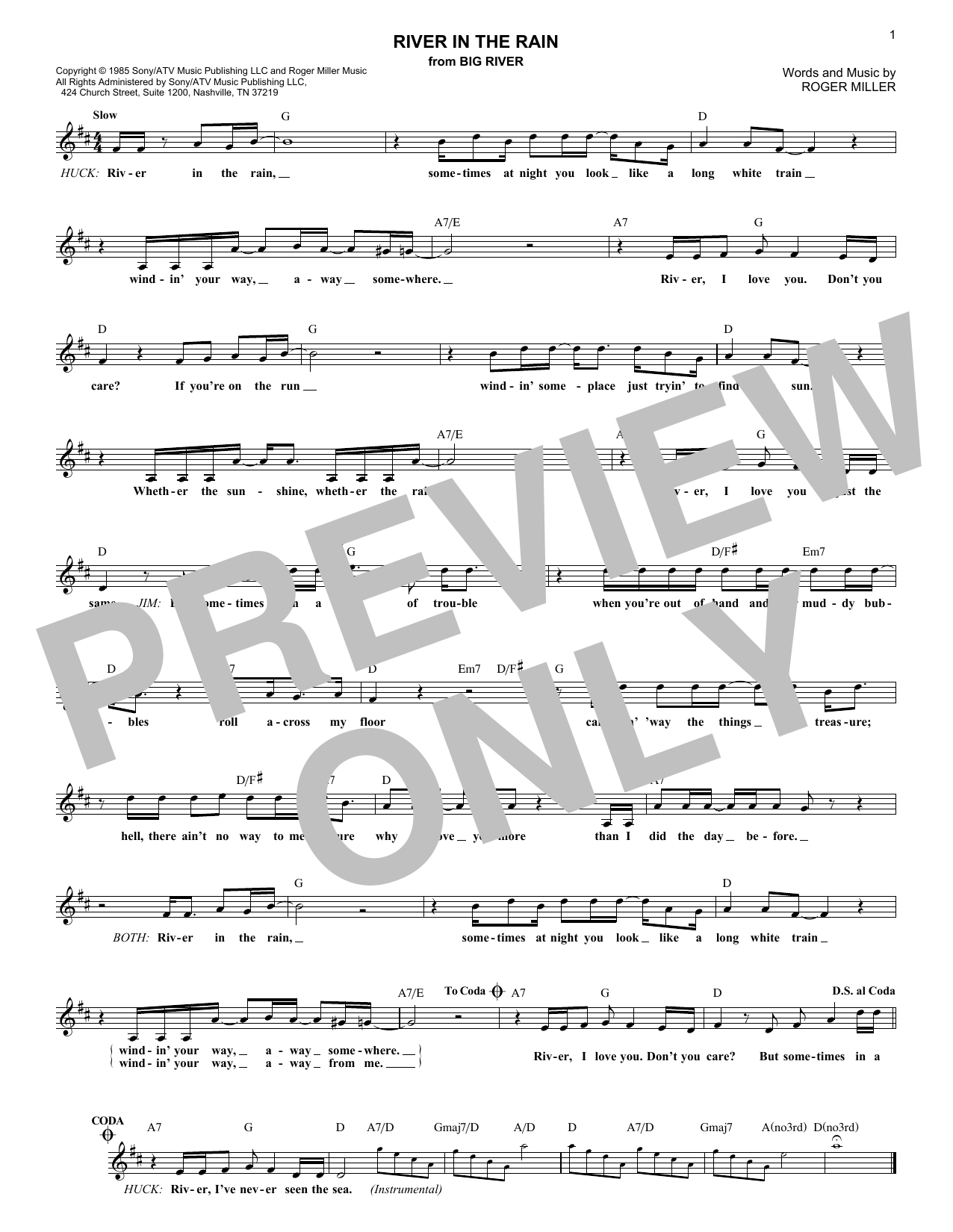 Roger Miller River In The Rain sheet music notes and chords arranged for Lead Sheet / Fake Book