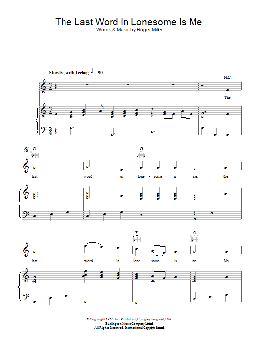 Roger Miller The Last Word In Lonesome Is Me sheet music notes and chords arranged for Piano, Vocal & Guitar Chords