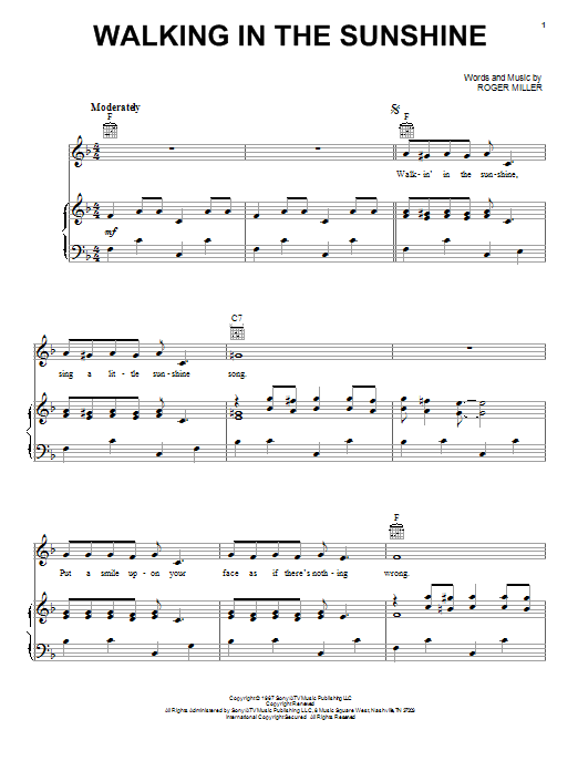 Roger Miller Walking In The Sunshine sheet music notes and chords arranged for Easy Guitar Tab
