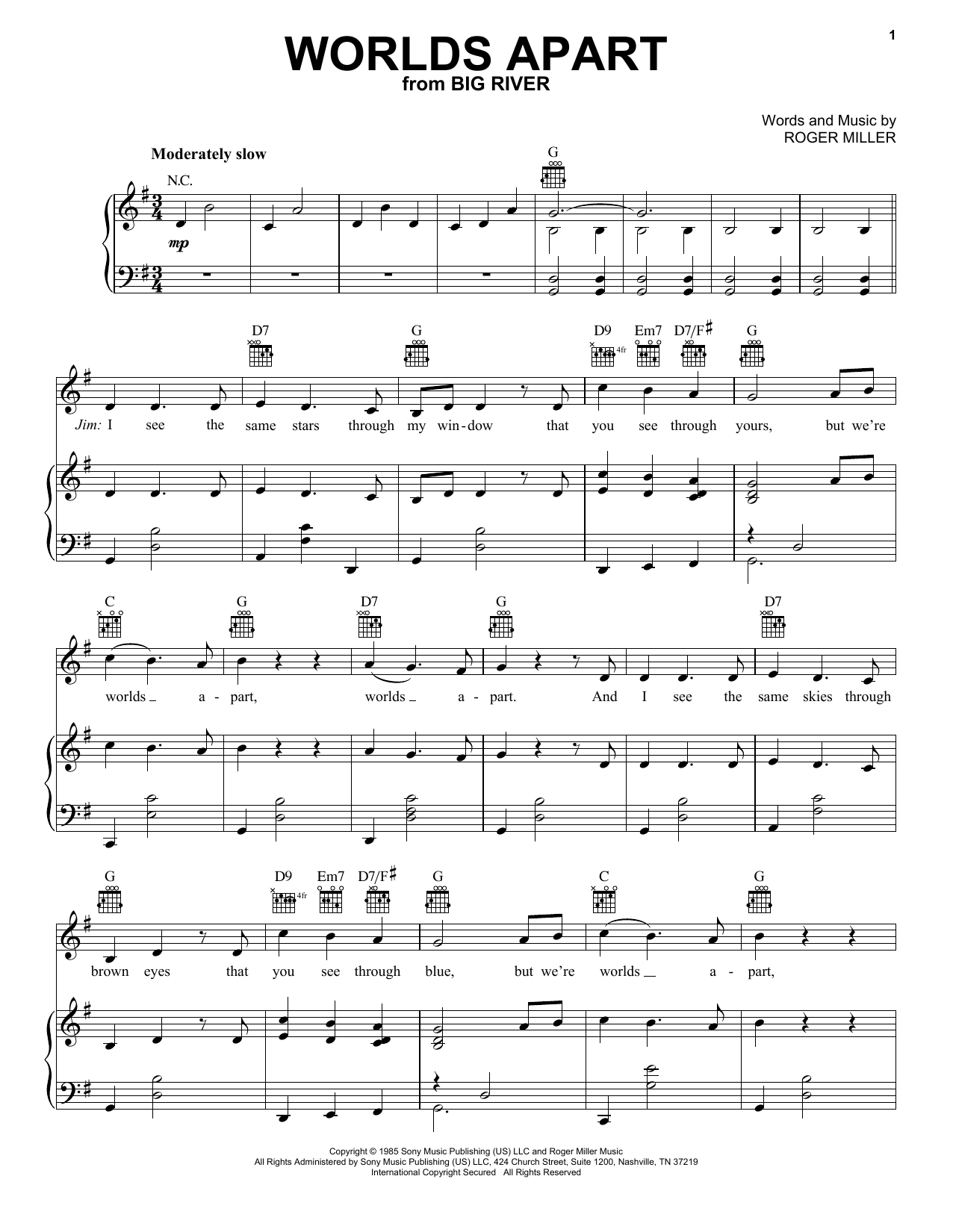 Roger Miller Worlds Apart sheet music notes and chords arranged for Piano, Vocal & Guitar Chords (Right-Hand Melody)