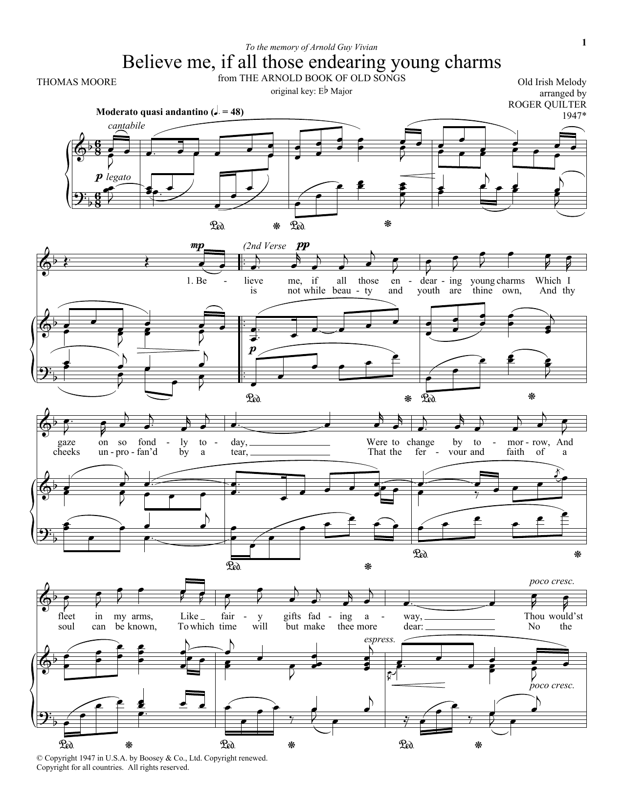 Roger Quilter Believe Me, If All Those Endearing Young Charms sheet music notes and chords arranged for Piano & Vocal