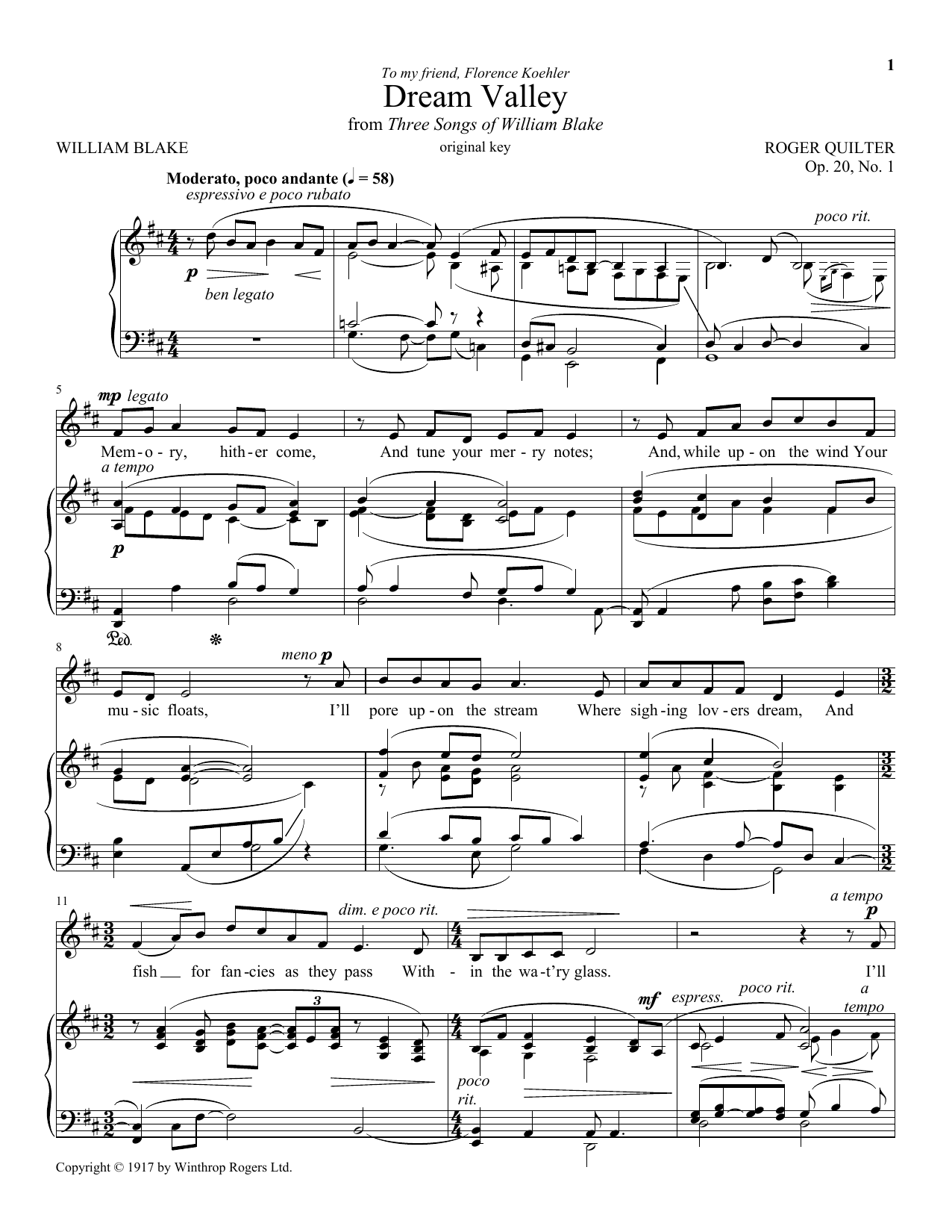 Roger Quilter Dream Valley, Op. 20, No. 1 sheet music notes and chords arranged for Piano & Vocal
