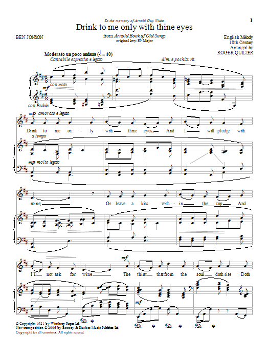 Roger Quilter Drink To Me Only With Thine Eyes sheet music notes and chords arranged for Piano & Vocal