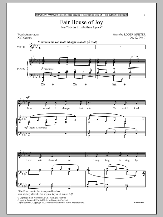 Roger Quilter Fair House Of Joy (from Seven Elizabethan Lyrics) sheet music notes and chords arranged for Piano & Vocal