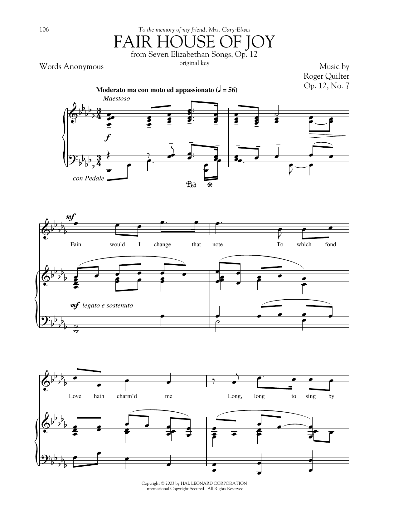 Roger Quilter Fair House Of Joy sheet music notes and chords arranged for Piano & Vocal
