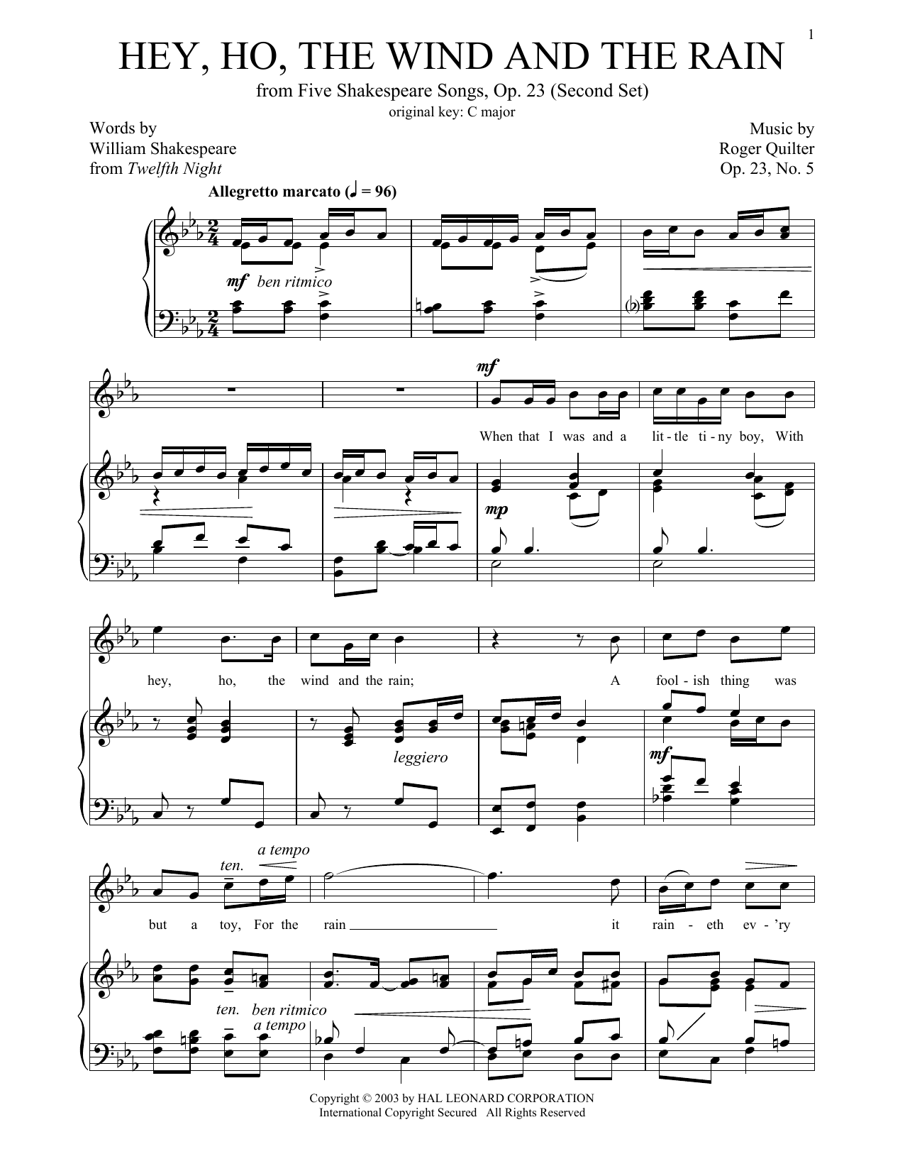Roger Quilter Hey, Ho, The Wind And The Rain (High Voice) sheet music notes and chords arranged for Piano & Vocal