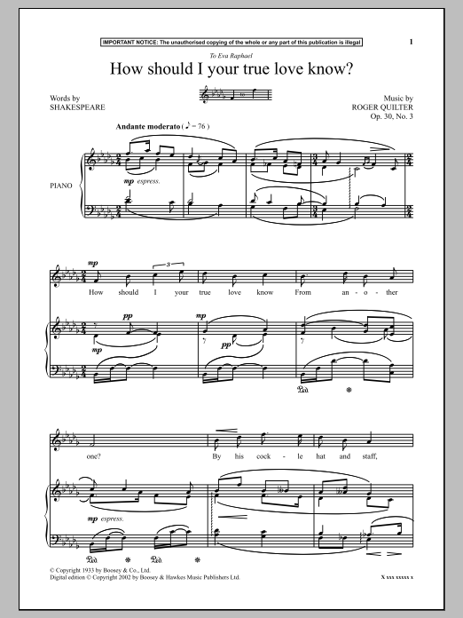 Roger Quilter How Should I Your True Love Know? sheet music notes and chords arranged for Piano & Vocal