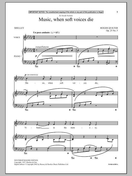 Roger Quilter Music, When Soft Voices Die sheet music notes and chords arranged for Piano & Vocal