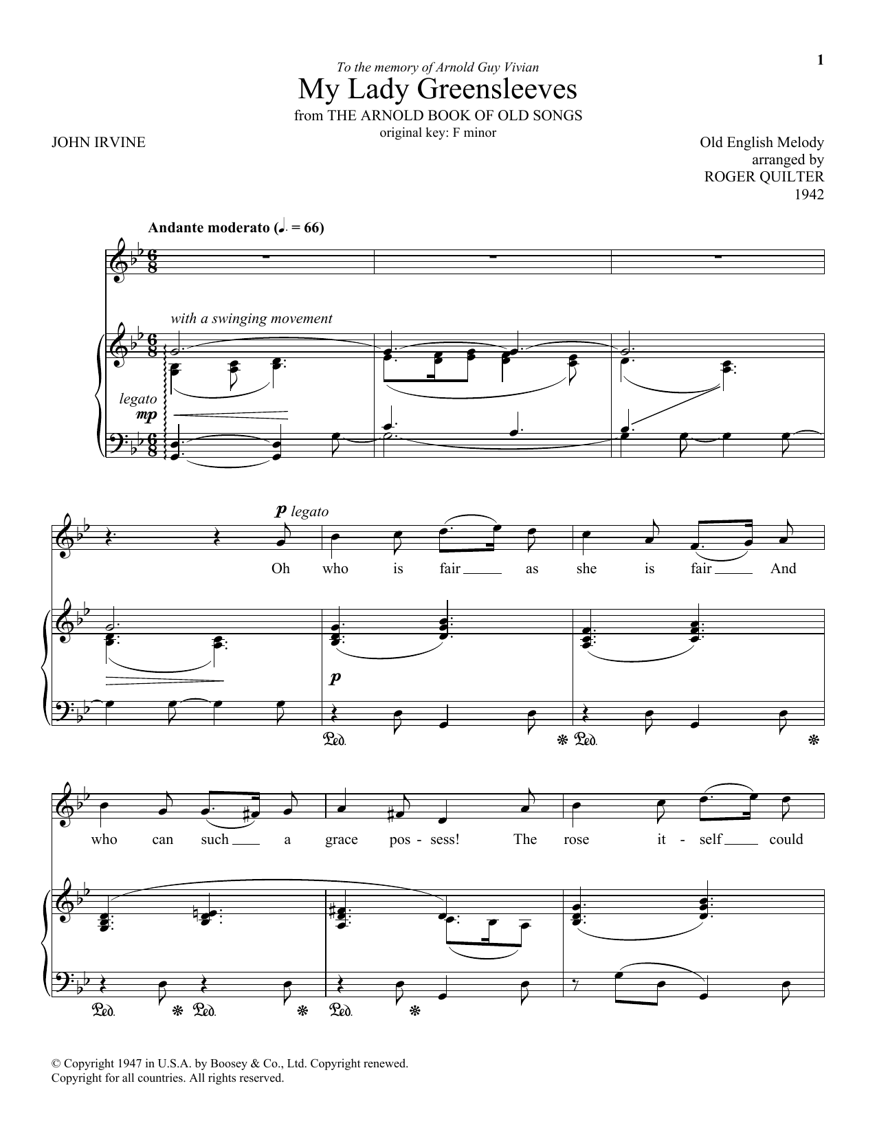 Roger Quilter My Lady Greensleeves sheet music notes and chords arranged for Piano & Vocal