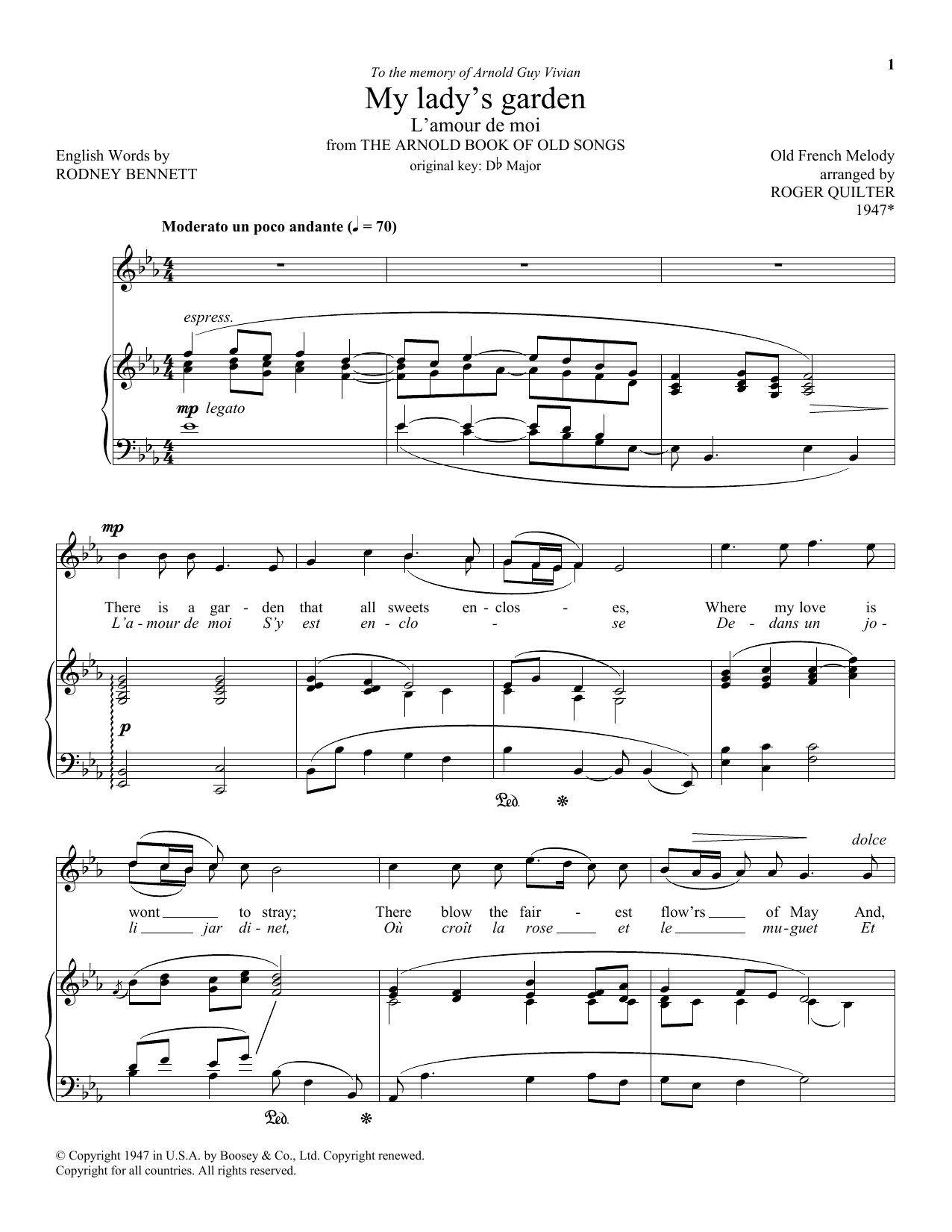 Roger Quilter My Lady's Garden (L'amour De Moi) sheet music notes and chords arranged for Piano & Vocal