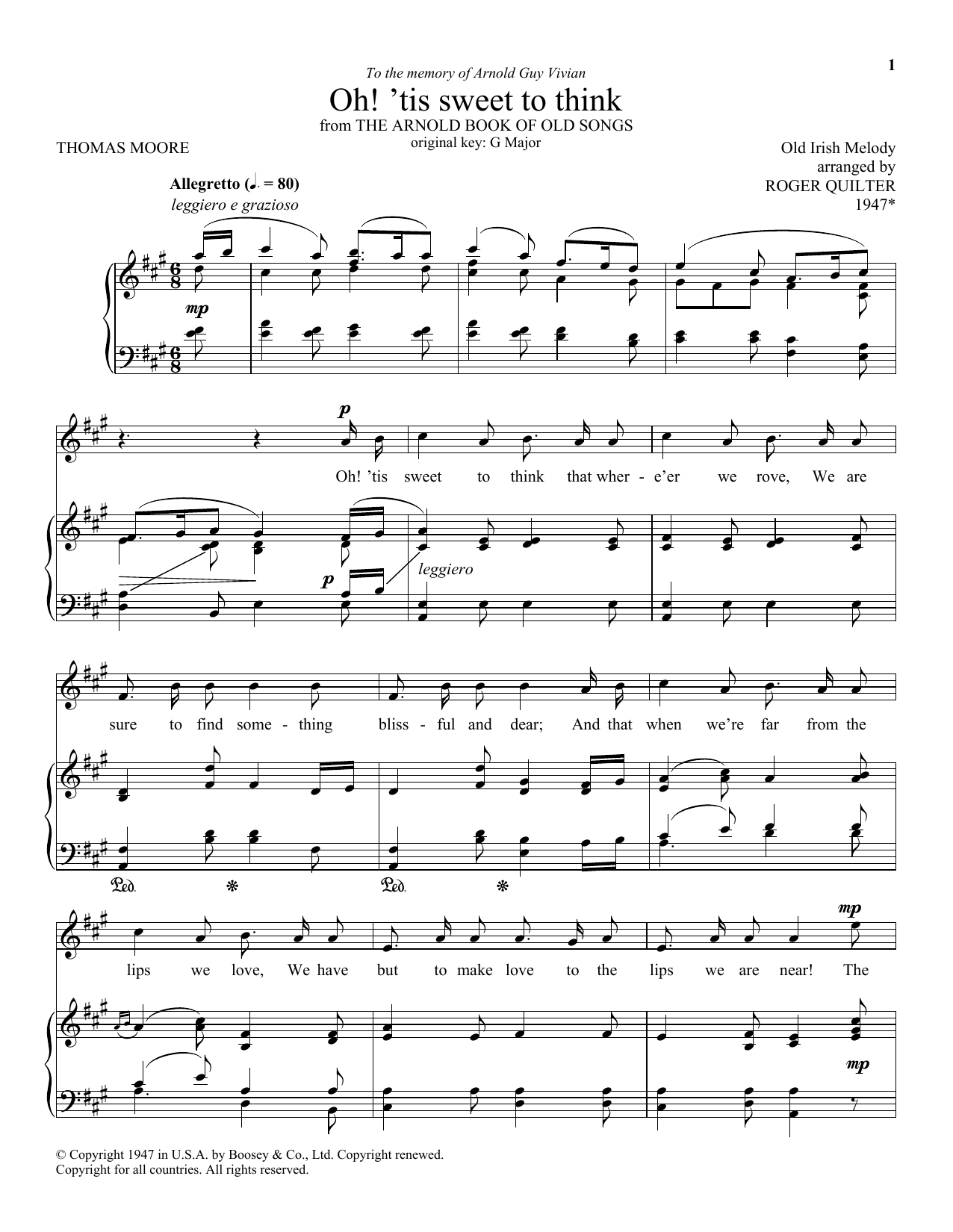 Roger Quilter Oh! 'Tis Sweet To Think sheet music notes and chords arranged for Piano & Vocal
