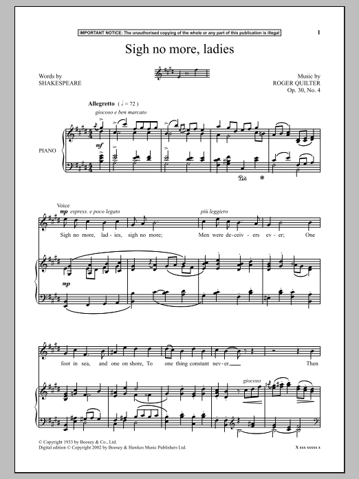 Roger Quilter Sigh No More, Ladies sheet music notes and chords arranged for Piano & Vocal