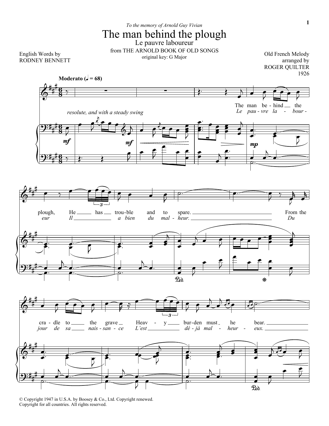 Roger Quilter The Man Behind The Plow (Le Pauvre Laboureur) sheet music notes and chords arranged for Piano & Vocal