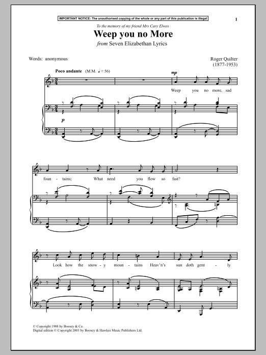 Roger Quilter Weep You No More (from Seven Elizabethan Lyrics) sheet music notes and chords arranged for Piano & Vocal