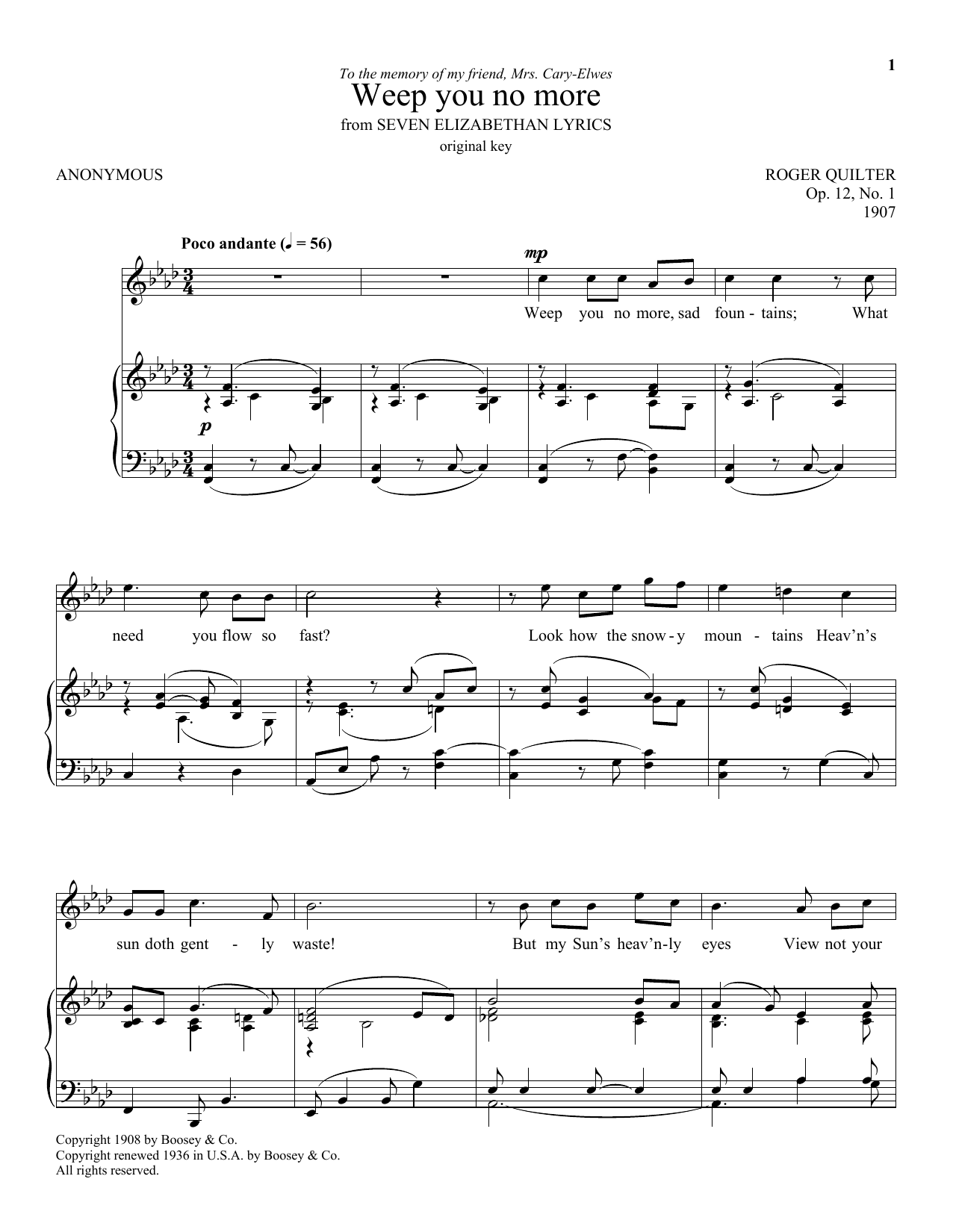 Roger Quilter Weep You No More sheet music notes and chords arranged for Piano & Vocal