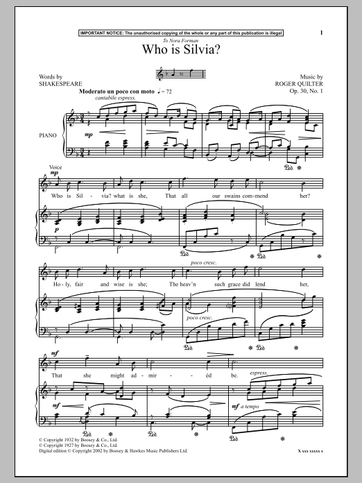 Roger Quilter Who Is Silvia? sheet music notes and chords arranged for Piano & Vocal