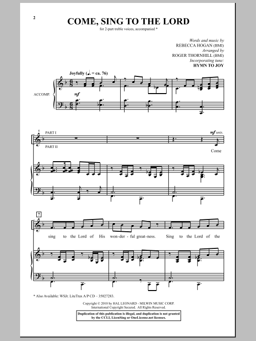 Roger Thornhill Come, Sing To The Lord sheet music notes and chords arranged for 2-Part Choir