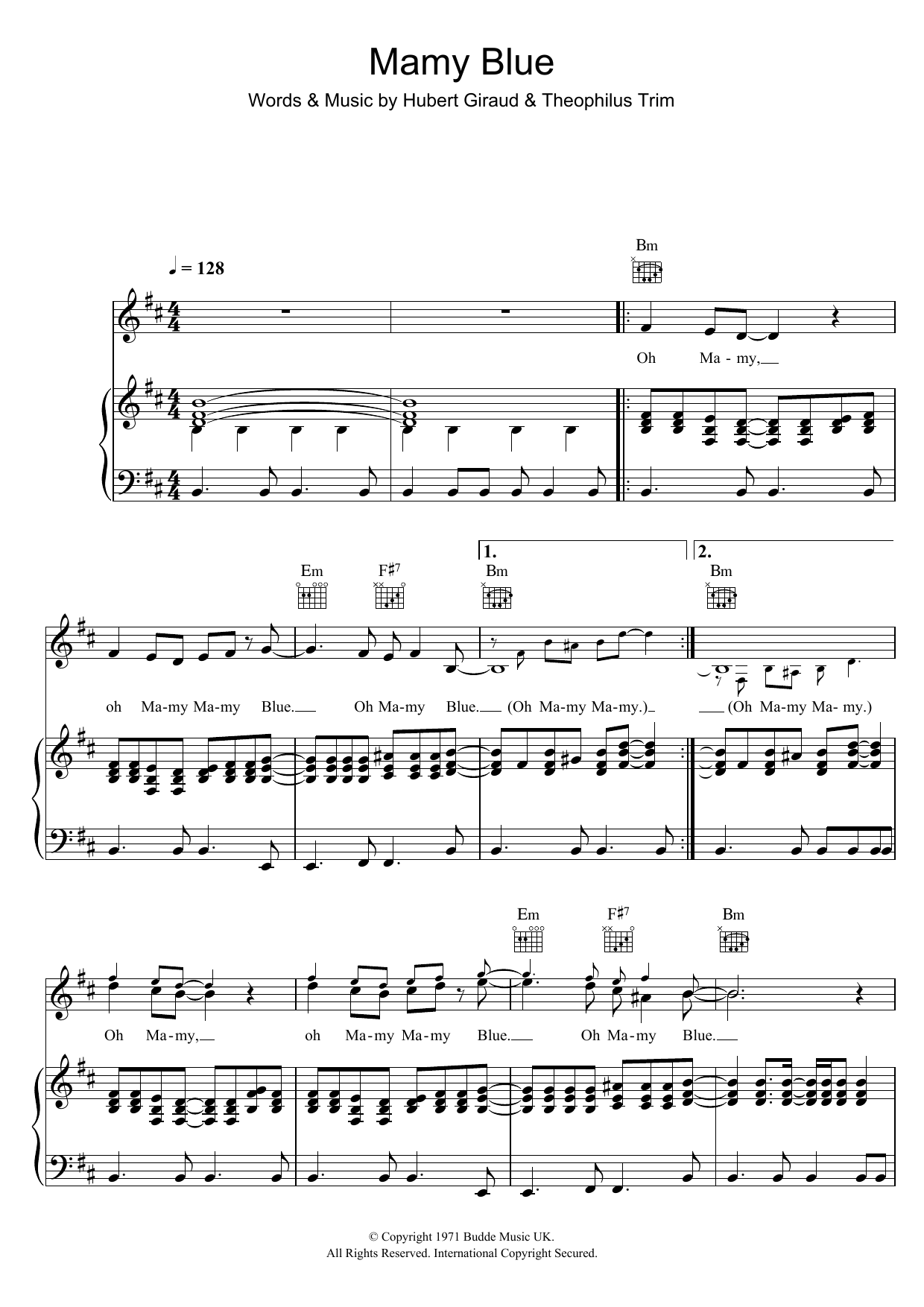 Roger Whittaker Mamy Blue sheet music notes and chords arranged for Piano, Vocal & Guitar Chords