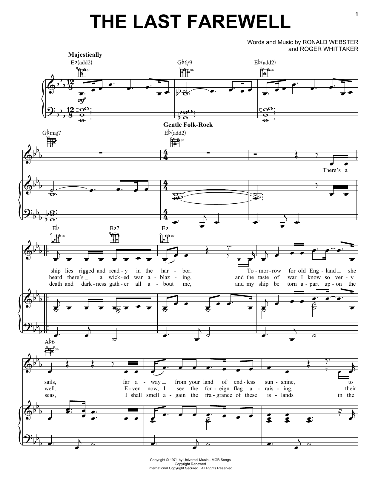 Roger Whittaker The Last Farewell sheet music notes and chords arranged for Piano Solo
