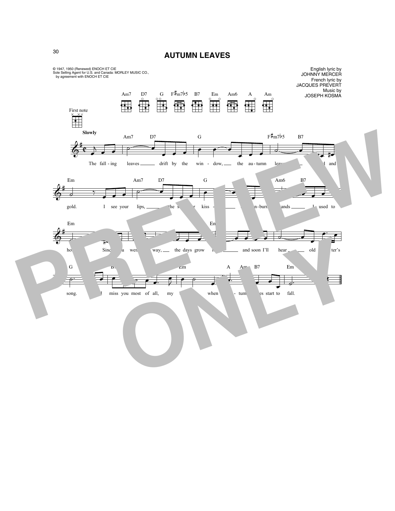 Roger Williams Autumn Leaves sheet music notes and chords arranged for Mandolin