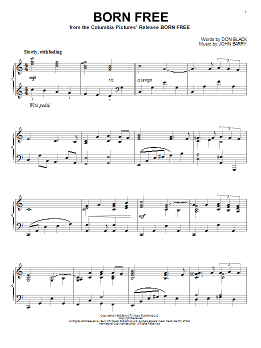 Roger Williams Born Free sheet music notes and chords arranged for Super Easy Piano