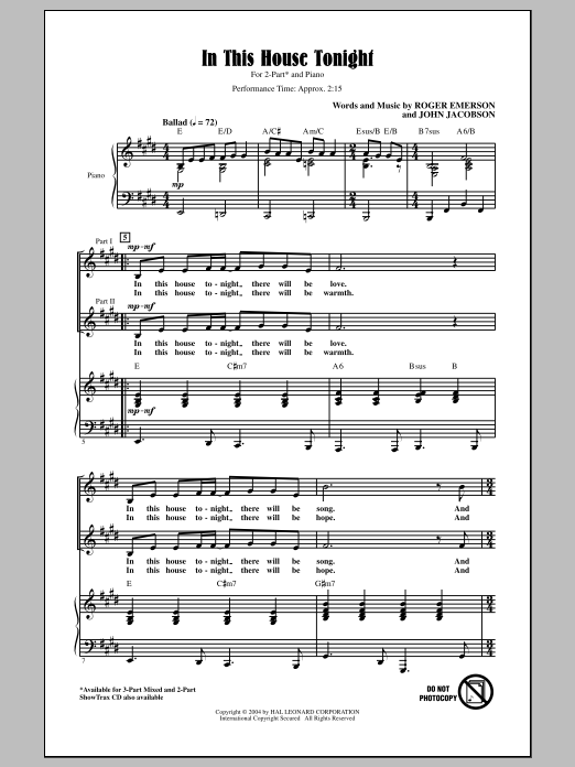 Roger Emerson In This House Tonight sheet music notes and chords arranged for 3-Part Mixed Choir