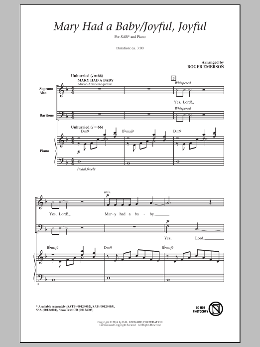 Roger Emerson Mary Had A Baby / Joyful, Joyful sheet music notes and chords arranged for SATB Choir