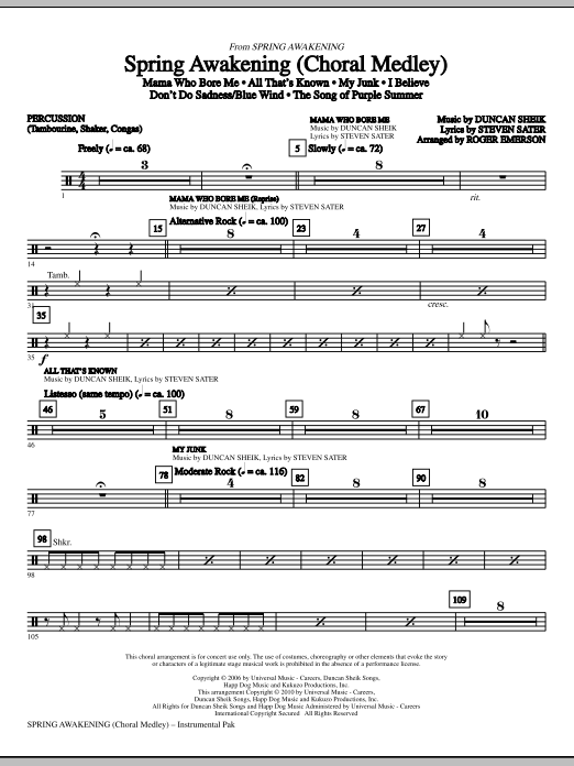 Roger Emerson Spring Awakening (Choral Medley) - Percussion sheet music notes and chords. Download Printable PDF.
