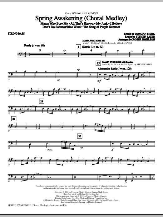 Roger Emerson Spring Awakening (Choral Medley) - String Bass sheet music notes and chords. Download Printable PDF.