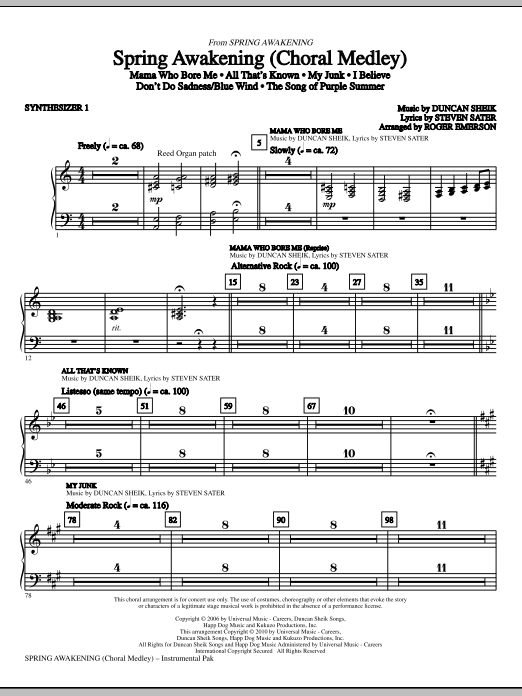 Roger Emerson Spring Awakening (Choral Medley) - Synthesizer I sheet music notes and chords. Download Printable PDF.