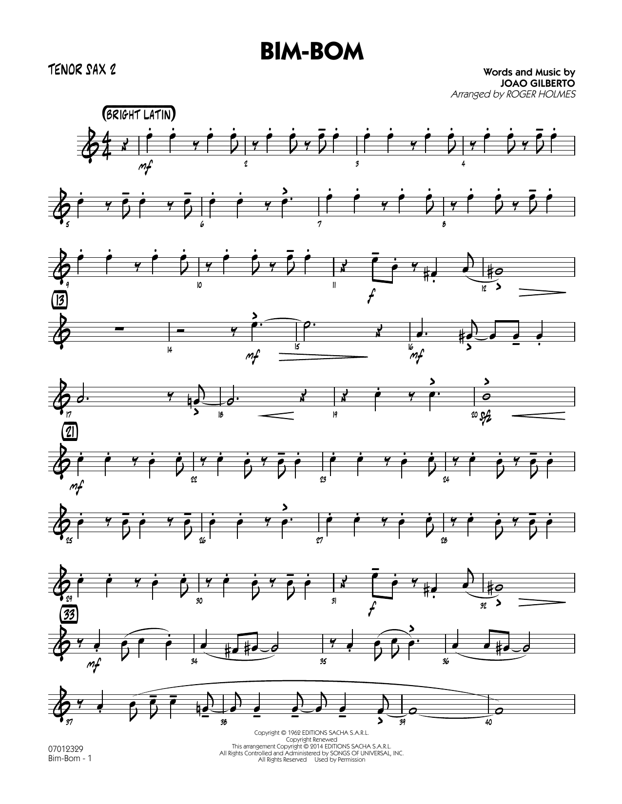 Roger Holmes Bim-Bom - Tenor Sax 2 sheet music notes and chords. Download Printable PDF.